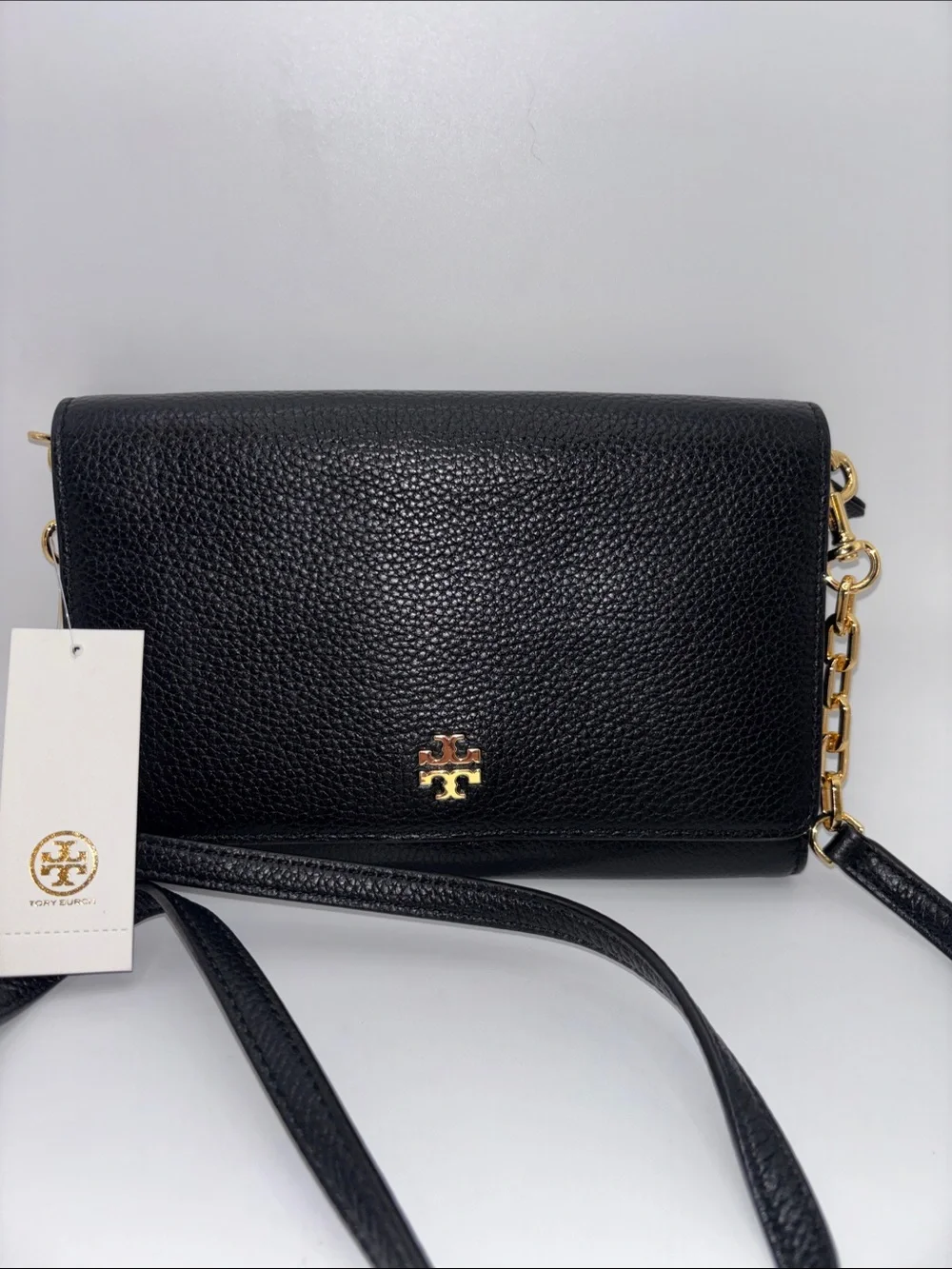 Tory Burch Black Pebbled Leather Chain-Accent Crossbody